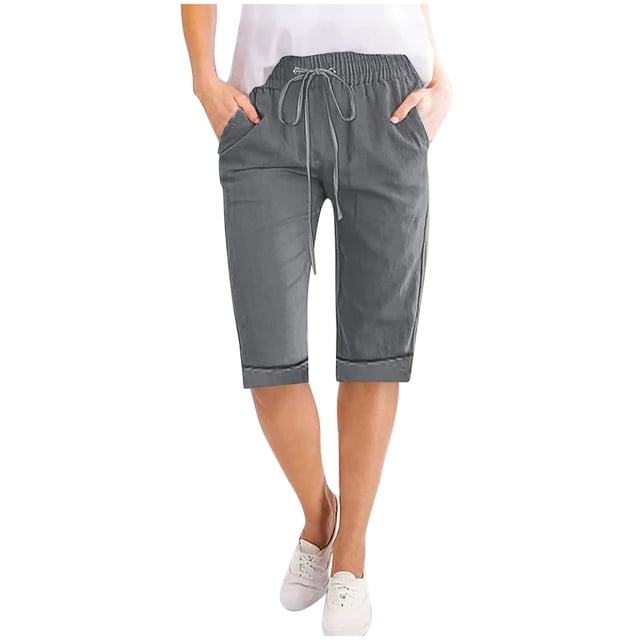 Summer Clearance 2025! Womens Plus Size Pants,Women Solid Color High Waisted Elastic Drawstring With Pocket Cotton And Linen Five Quarter Pants