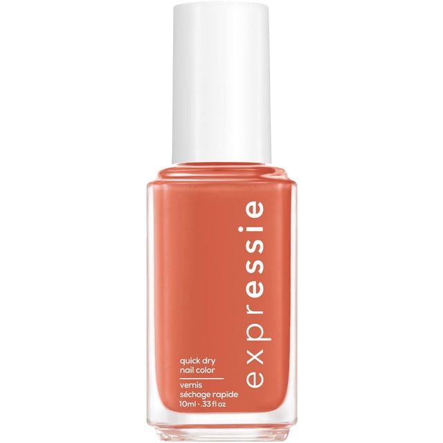 essie expressie quick-dry nail polish in a clear rectangular glass bottle with a white cap, showing a warm terracotta shade, labeled with the brand name and quick dry nail color details, designed for fast drying and easy application