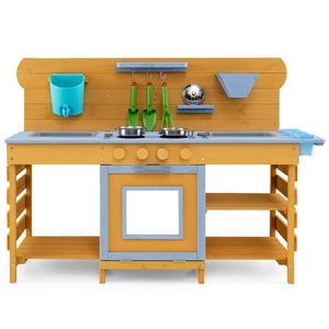 Costway Mud Cuisine pour enfants,Wooden Pretend Play Kitchen avec 2 Eviers, réservoir d'eau, 4 Poêles