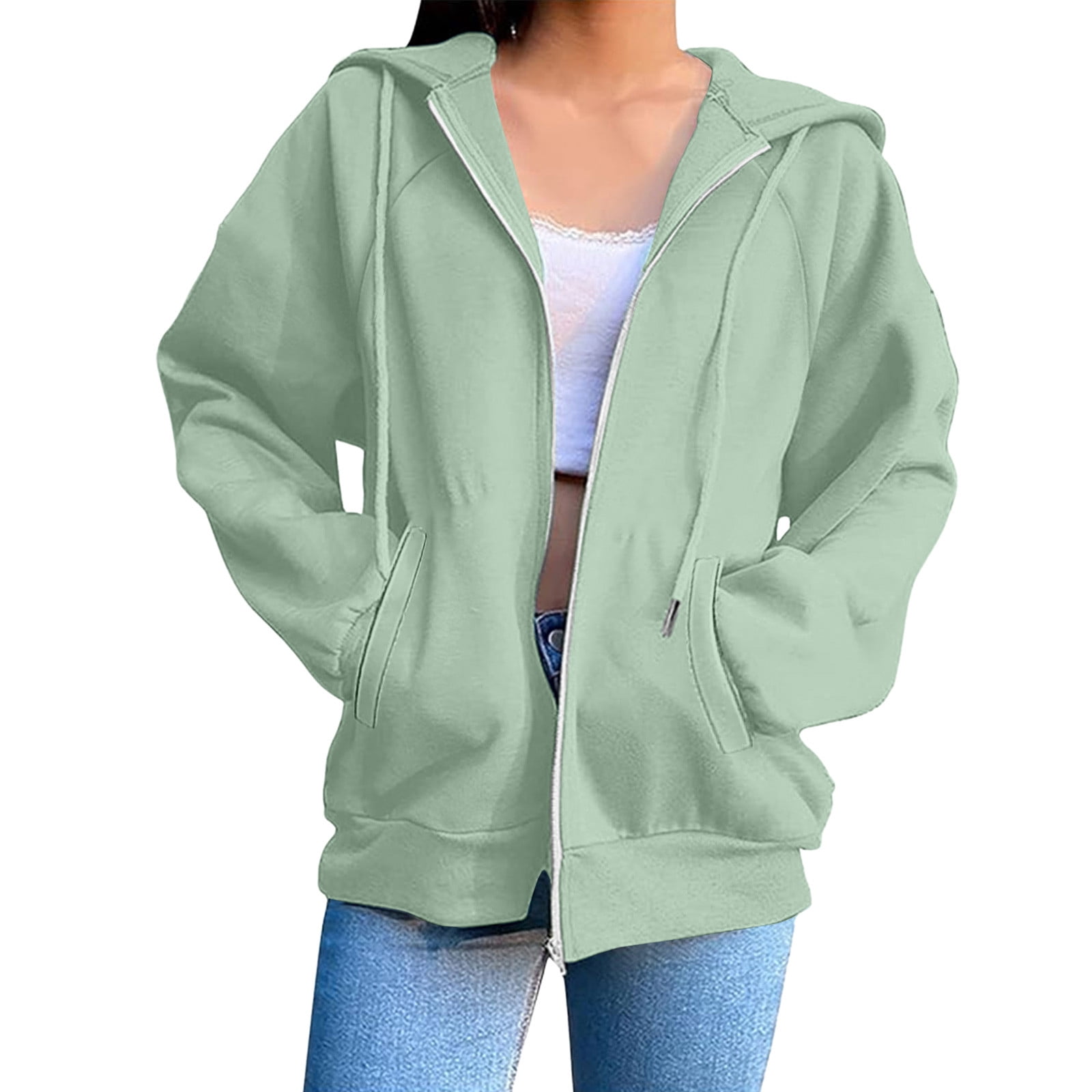 Mgmyaa Women's Sweatshirt Fashion Solid Color Hooded Pocket Raglan-Sleeve Long Sleeve Zip Up Jacket
