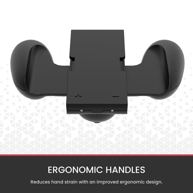 Surge Pro Controller Grip for Nintendo Switch 2 Controllers in black with ergonomic handles designed to reduce hand strain, magnetically connecting two official Nintendo Switch 2 controllers for improved comfort and pro-style control during extended gaming sessions.
