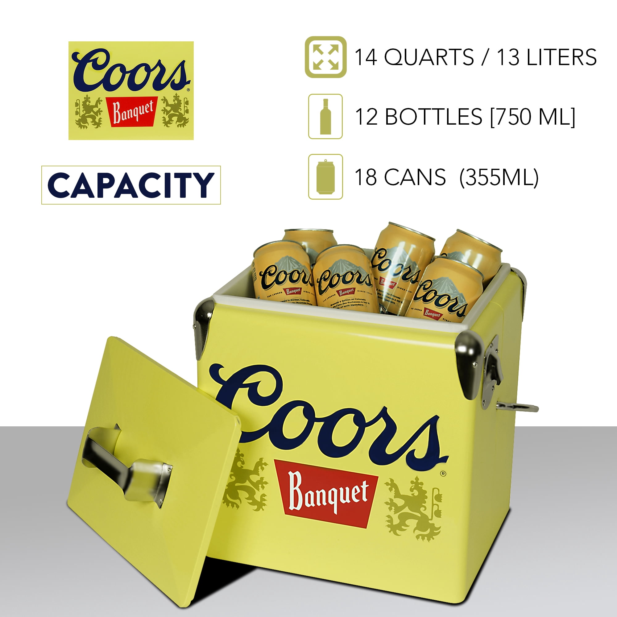 Coors Banquet 14-Quart Retro Ice Chest Cooler with Bottle Opener, 13L, Yellow/Silver