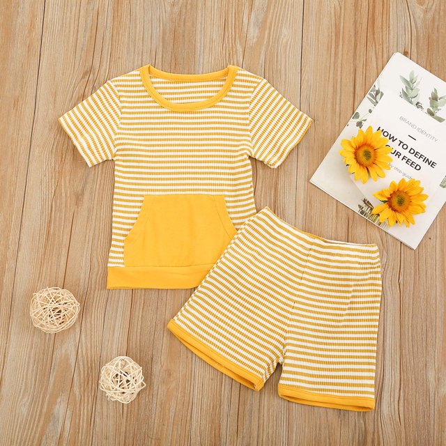 EGNMCR Ensembles de Débardeurs à Col Rond pour Tout-Petits Bébé Rayé Chandail à Manches Courtes Shorts Poche Ensemble de Couleur Unie Ensemble Fille
