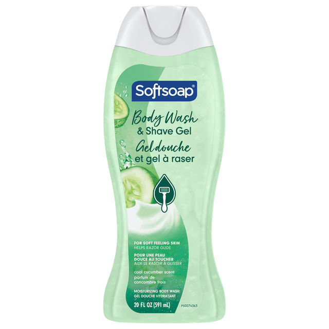 Softsoap Gel Douche et Rasage Hydratant, Parfum Concombre Frais, Bouteille de 591 ml avec Gel Vert Translucide Comprenant des Tranches de Concombre, Bouchon Blanc à Rabat, Formule Hydratante pour une Peau Douce et un Rasage Lisse, Convient aux Soins du Bain et de la Douche.