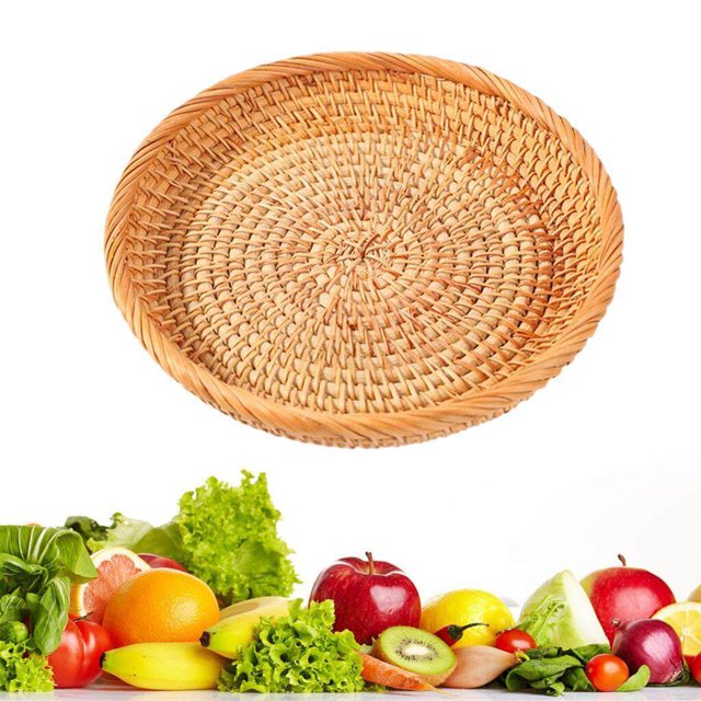 pitrice Osier Tissé Rond Snack Fruit Bol Rotin Nourriture Plateau Organisateur 22x4cm