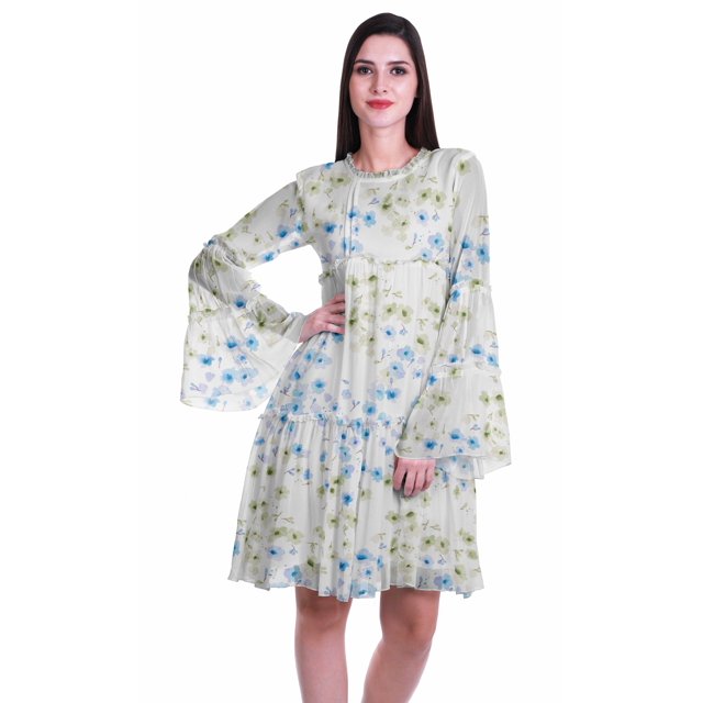 Moomaya Robe d'Été Fluide à Manches Longues Imprimée pour Femmes, Longueur Genou, Évasée
