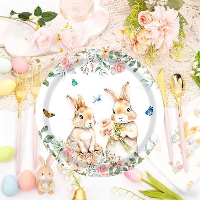 Uuiauoio 20Pcs Easter Tableware Colorful Easter Bunny Disposable Dinnerware Paper Plates Cups for Holiday Party Supplies Table Decorations(20 Plates)