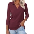 thumbnail image 1 of Hot6sl Économies d'Été Liquidation Blouse & Chemise à Manches Courtes Col Rabattu, T-shirt Assorti pour Femmes Col en V Col Rabattu Manches 3/4, Haut en polyester pour Femmes/vin, m, 1 of 8