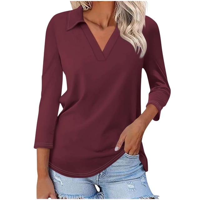 Hot6sl Économies d'Été Liquidation Blouse & Chemise à Manches Courtes Col Rabattu, T-shirt Assorti pour Femmes Col en V Col Rabattu Manches 3/4, Haut en polyester pour Femmes/vin, m