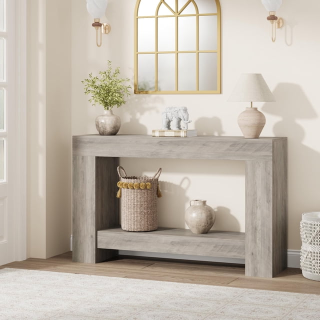 Long Console Table, 2-Tier Farmhouse Sofa Table Behind Couch, Rectangular Accent Console with Storage for Hallway Foyer Entrance