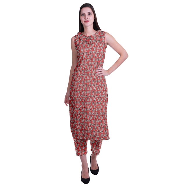 Moomaya Ensemble Kurta et Pantalon Sans Manches pour Femmes à Col Peter Pan Imprimé, Ensemble Ethnique 2 Pcs