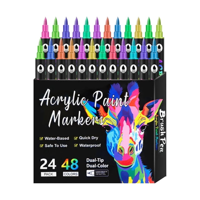 24 Colors Acrylic Paint Markers, Dual Tip Drawing Marker Pen for Rock Painting, Ceramic, Wood, Plastic, Calligraphy, Scrapbooking, Brush Lettering, Card Making, DIY Crafts, 12 Pack, 6.69x5.78"