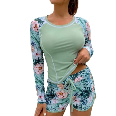 IROINID Women 2 Piece Rash Guard Swimsuits Long Sleeve Print Swim Shirt with Shorts Set Sun Protection Surf Bathing Suits Gifts for Mom Green S