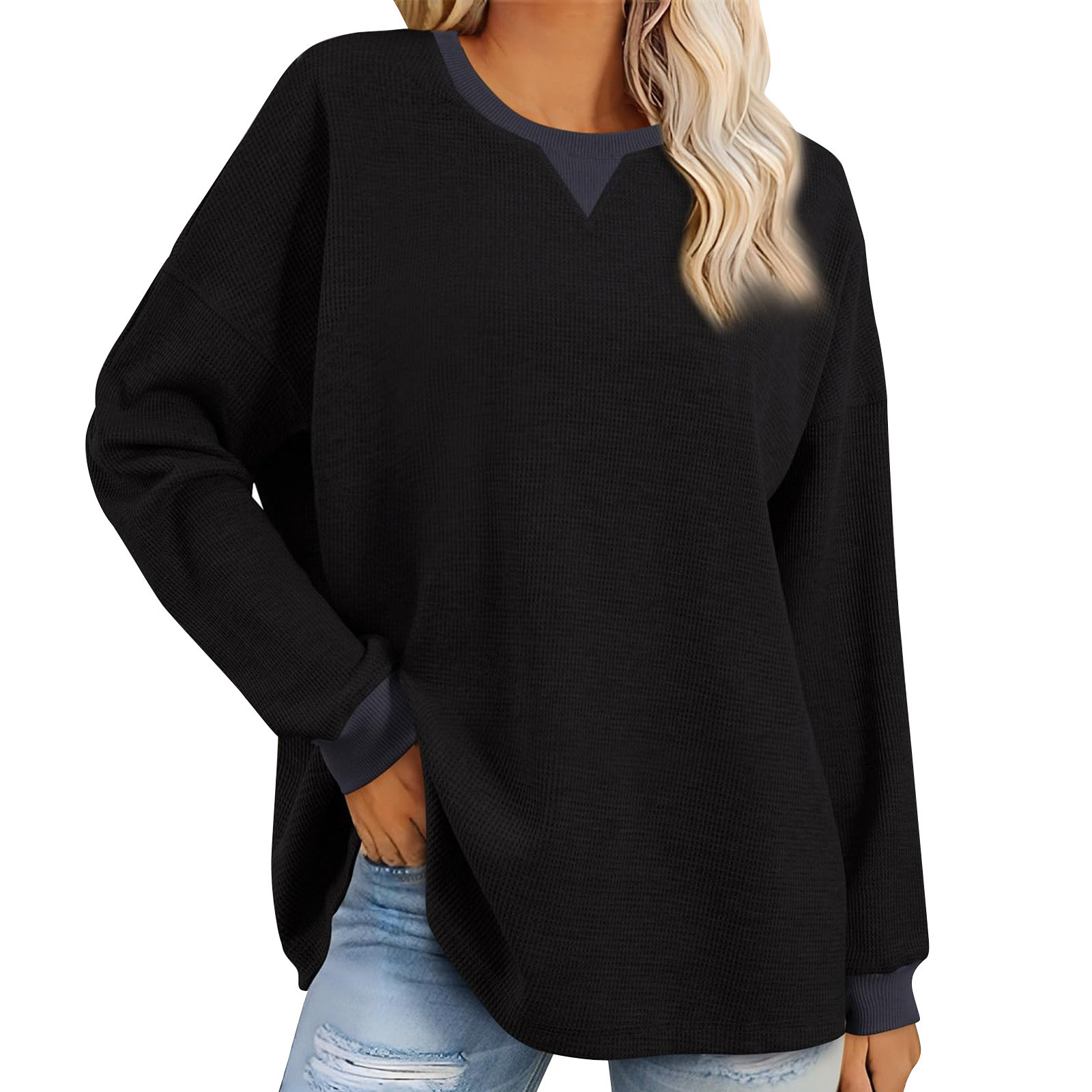 Erwazi Chandails à Manches Longues pour Femmes, Col Rond, Couleur Unie, Tunique en Tricot Gaufré