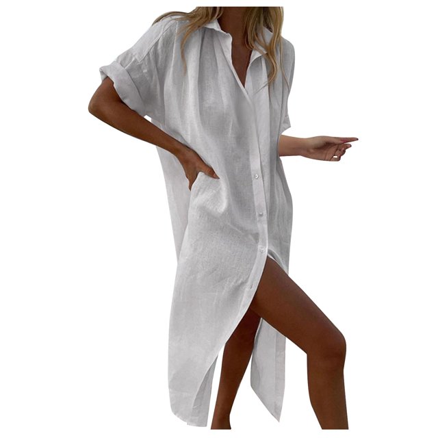 AherBiu Robe Chemise à Boutons pour Femmes en Coton et Lin, Col à Revers, Col en V, Manches Courtes, Robes Maxi pour Femmes