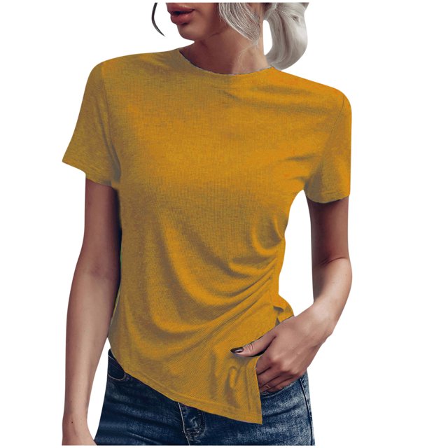 T-shirt Décontracté pour Femmes à Manches Courtes, Couleur Unie, Col Ras du Cou, Basique, Chandail