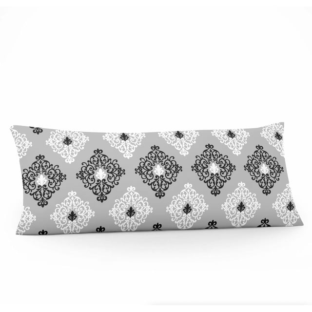 Mainstays Printed Body Pillow Case with a front-facing rectangular shape in soft microfiber fabric, featuring a repeating black and white damask pattern on grey. Machine washable and suitable for adding style and comfort to bedroom bedding.