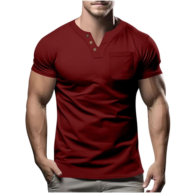 Birdeem Shirts for Men Mens Fashion Casual Solid Color Button Short Sleeve V-Neck Blouses Shirts