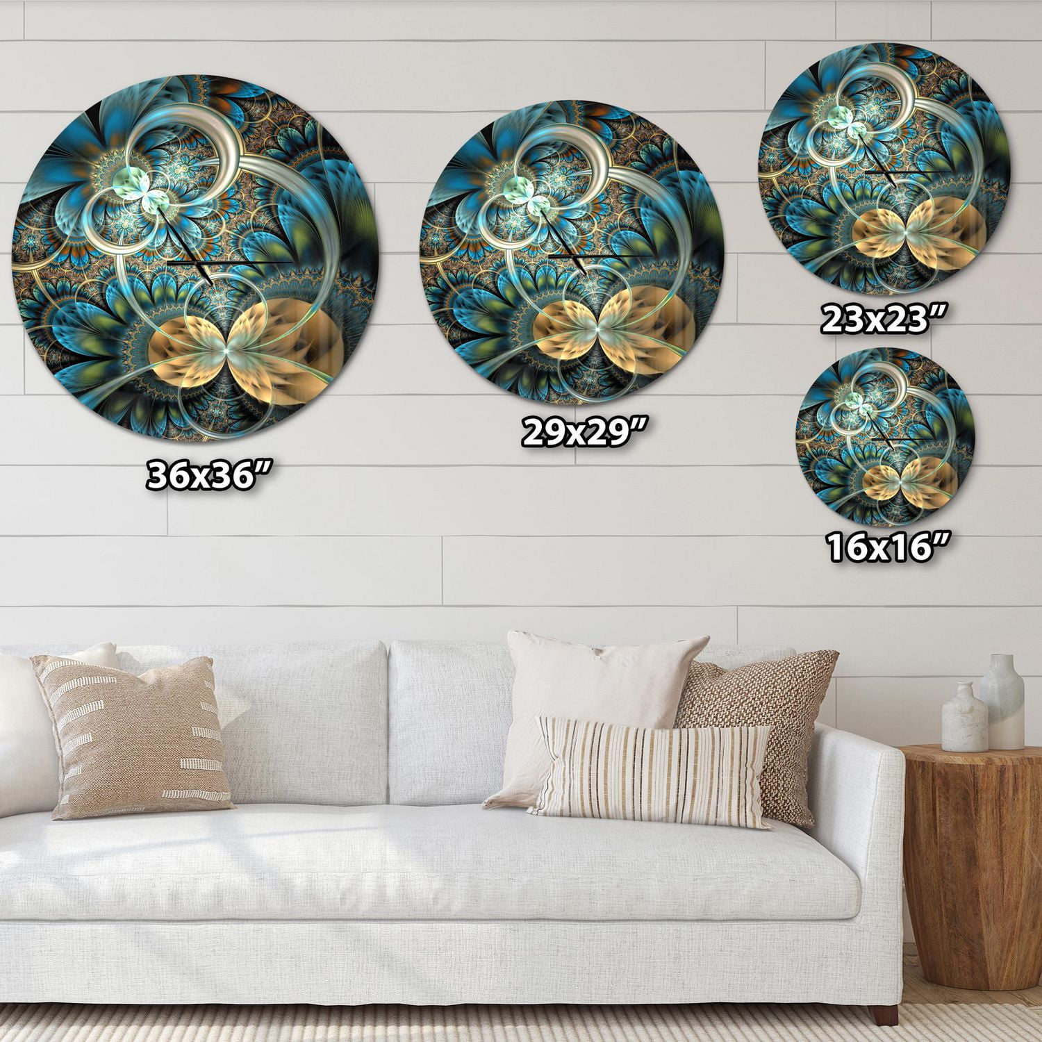 Designart Fleur fractale symétrique en or bleu horloge murale