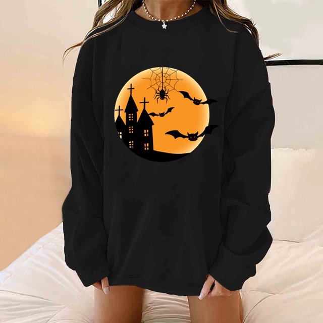 50 % de Réduction sur les Chandails en Molleton Surdimensionnés pour Femmes 2023 Imprimé Halloween Classique Col Rond Manches Longues Chandails en Molleton Amples