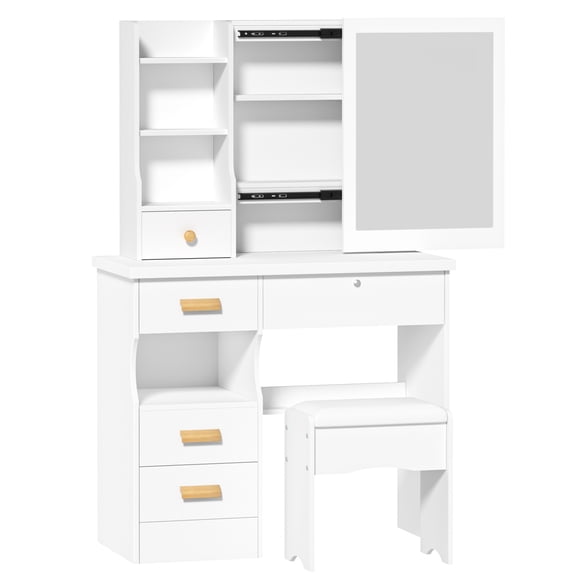 Vanity Desk with Sliding Mirror, Bedroom Dressing Table, Makeup Table with 5 Drawers & Shelves, Hidden Storage Space