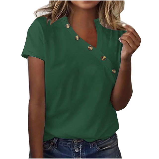 Jsaierl Womens Button Front Tops Solid Color Short Sleeve V Neck Shirts Basic Summer Relaxed Blouses Casual Going Out Holiday Tees
