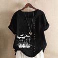 thumbnail image 2 of QATAINLAV Hauts en Coton et Lin pour Femmes 2025 Col Rond Manches Courtes Retroussées T-Shirt Tendance à Imprimé Floral Blouse Décontractée Coupe Ample Tenues de Vacances Alléger Ventes du Jour Noir TTTTG, 2 of 5