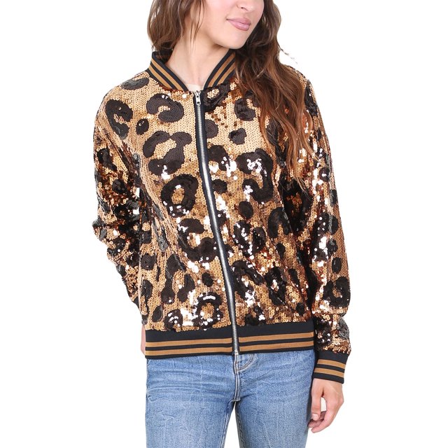 Womens Long Sleeve Sequin Front Zip Jacket Long Sleeve Ribbed Cuffs Outerwear Tops