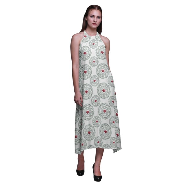 Bimba Robe de Plage d'Été pour Femmes, Dos Nu, Col Licou, à Imprimé de Feuilles - XX-Grand
