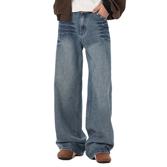 QHFBli Mens Slim Fit Stretch Denim Jeans - Dark Wash Men's Casual Denim Jeans Featuring Unique Stylish Faded Wash Design for Everyday Comfortable Wear Blue M