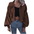 thumbnail image 1 of IROINID Veste Courte à Fermeture Éclair pour Femme, Col à Revers, Élégante, Couleur Unie, Manches Longues, Manteau Cardigan d'Hiver à Fermeture Éclair, Brun, 1 of 4