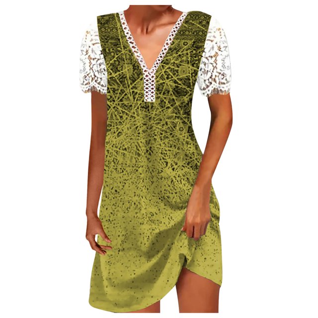 Cameland Robe Ample pour Femme à Col en V, Mode Décontractée, Style Élégant, Chandail à Manches Courtes, Imprimé en Dentelle