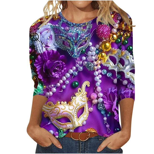 Penkiiy T-shirt Blouse Décontractée à Manches 3/4 et Col Rond pour Femmes, Impression Mode Mardi Gras, Multicolore