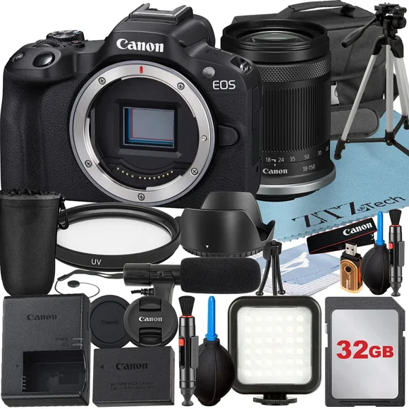 Canon EOS R50 Mirrorless Camera with RF-S 18-150mm Lens + 32GB Memory Card + Case + LED Flash + ZeeTech Accessory Bundle