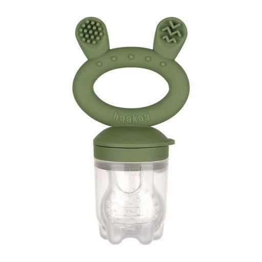 haakaa Ensemble d'Alimentation et de Couvercle pour Aliments Frais en Vert olive avec une Poignée Ovale en silicone Souple et Deux Oreilles de Dentition Texturées, Connecté à une Pochette en silicone Transparente avec de Petits Trous pour une Alimentation Sécuritaire du Bébé, Favorisant les Habiletés d'Auto-alimentation et le Confort de Dentition