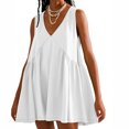 thumbnail image 2 of Penkiiy Robe Courte Sans Manches à Col en V pour Femme, Ample, d'Été, Plissée, Évasée et Fluide, S Blanc, 2 of 7