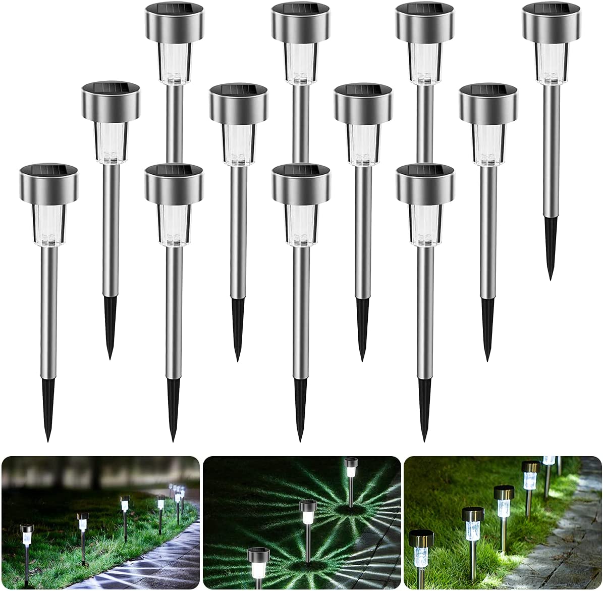 Solar Garden Lights Set of 12 Waterproof Stainless Steel LED Outdoor Garden Lights Outdoor Lighting for Patio, Lawn and Paths (White Light 45-40HA)