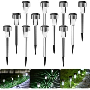 Solar Garden Lights Set of 12 Waterproof Stainless Steel LED Outdoor Garden Lights Outdoor Lighting for Patio, Lawn and Paths (White Light 45-40HA)