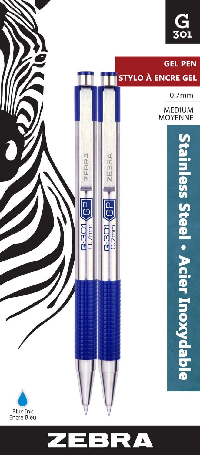 Zebra G-301 Retractable Stainless Steel Gel Pen - Blue ink, Point size: 0.7mm