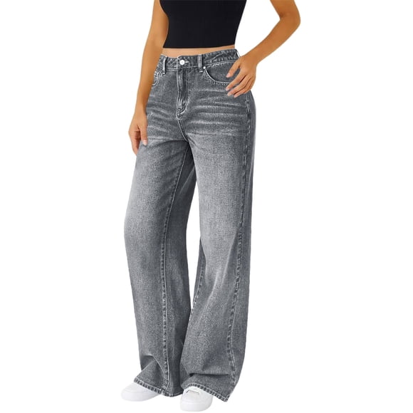 Womens Work Pants Business Casual Ladies' Elastic Wide Leg High Waist Versatile Loose Straight Leg Jeans Gray L