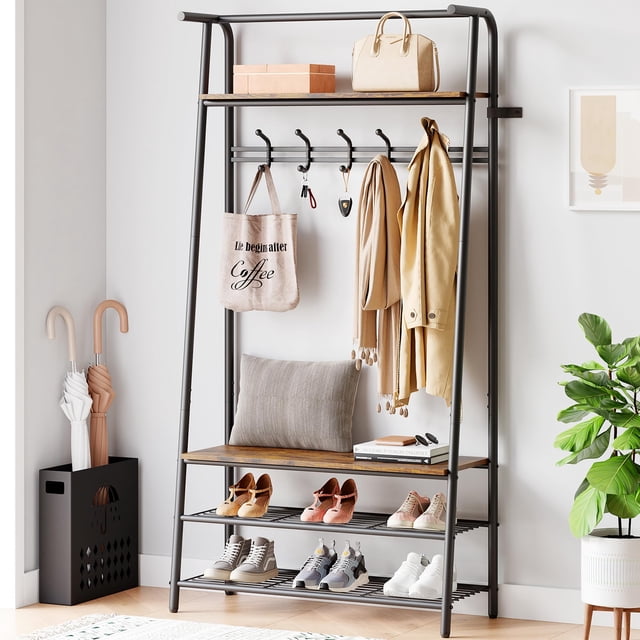 Hall Tree With Shoe Storage Bench, 4-In-1, Steel Frame With Hooks for Entryway, Freestanding Coat Rack Stand for Living Room, Bedroom
