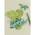 thumbnail image 3 of EYIIYE Barboteuse à Manches Courtes pour Bébé Fille Festival Irlandais Nouveau-Né Robe Col Rond Imprimé Trèfle Patchwork Côtelé avec Bandeau Ensemble de Vêtements Décontractés Mignons pour Petites Filles, 3 of 9