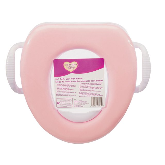 Parent's Choice Parent’s Choice Soft Potty Seat with Handle in pink, a soft cushioned child toilet seat with two white textured handles for easy lifting, shown top-down with a product label in the center, designed to fit securely on existing toilet seats for potty training.