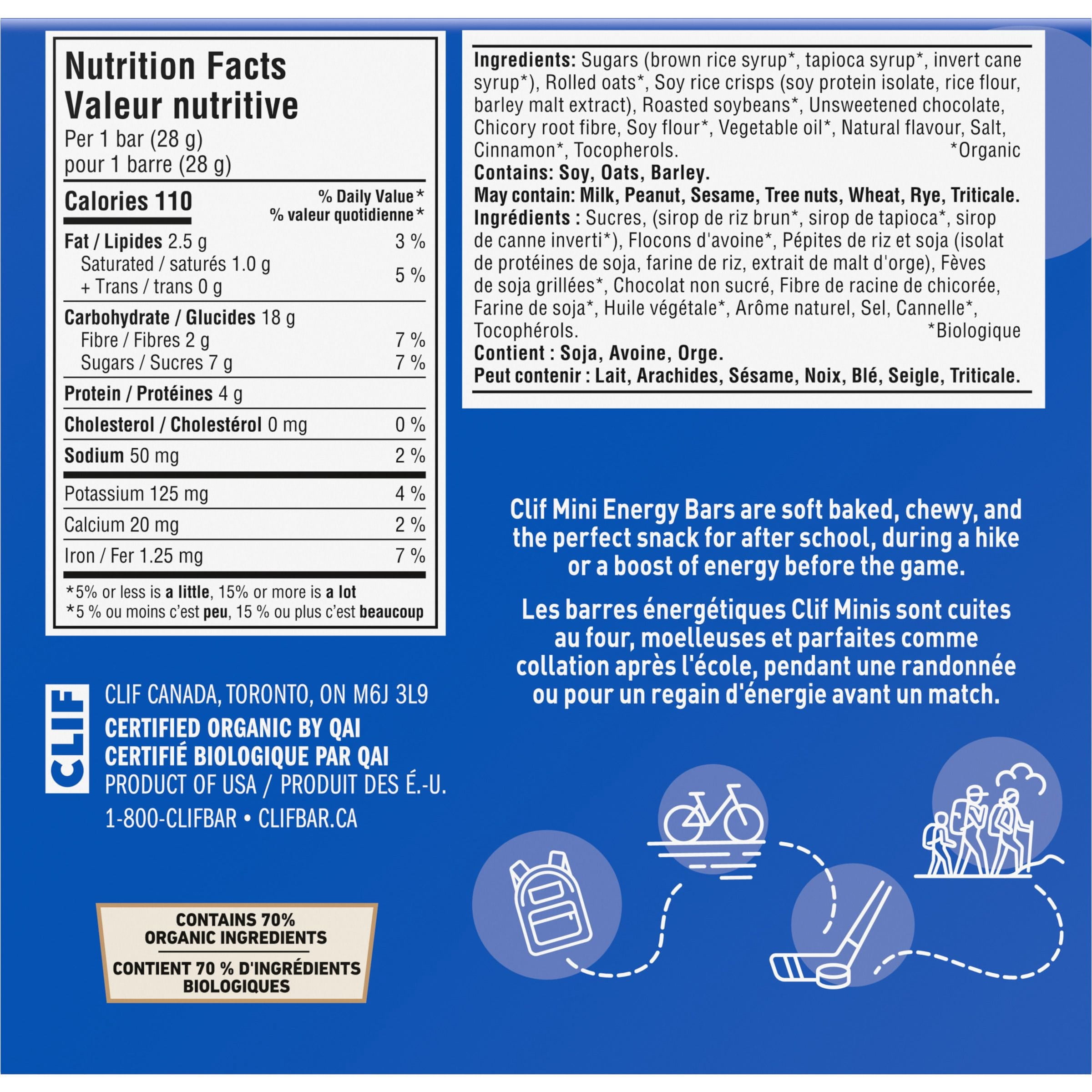 CLIF BAR Minis, Barres Énergétiques Format Collation, Pépites de Chocolat, Source de Fibres, Sans Édulcorants Artificiels, 70 % d'Ingrédients Biologiques