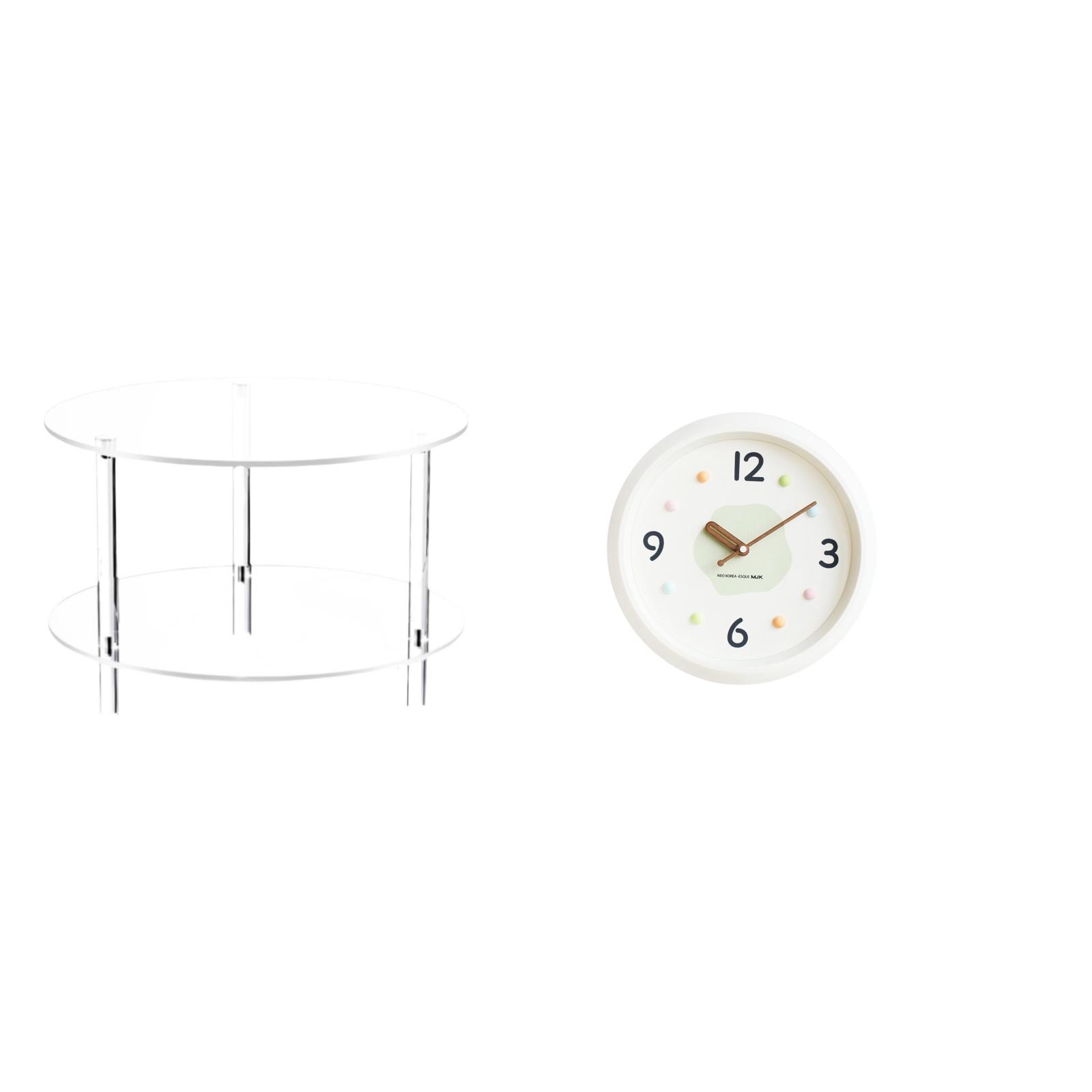 Siruishop Clear Acrylic Side Table with Modern Wall Clock Compact End Table for Drink NightStand Bedside Furniture Easy Assembly Quiet Large Numerals Decorative for Living Room Bathroom Home
