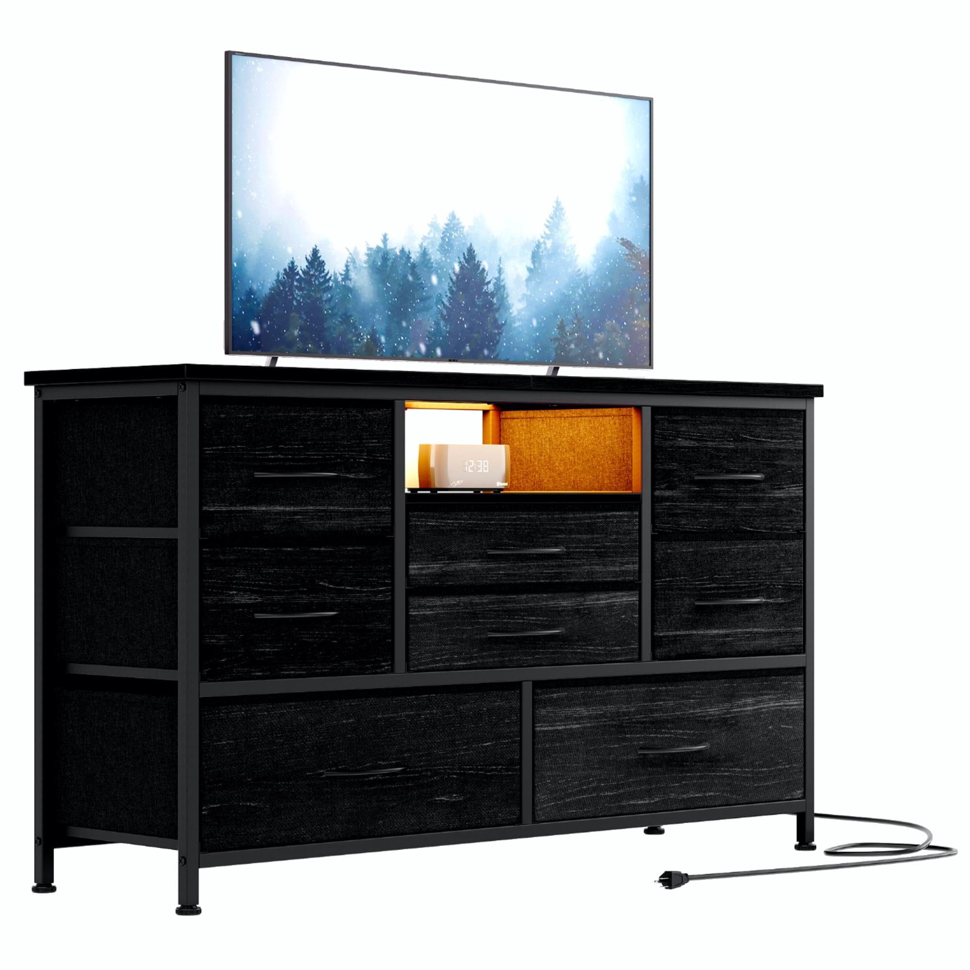 Wide Dresser for Bedroom TV Stand with Power Outlet & LED for 50'' TV with 8 Drawers, Wood Top Wide Console Table for Storage in Closet, Living Room
