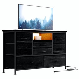 Wide Dresser for Bedroom TV Stand with Power Outlet & LED for 50'' TV with 8 Drawers, Wood Top Wide Console Table for Storage in Closet, Living Room