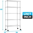 thumbnail image 2 of BestOffice 5-Tier Wire Shelving Unit 30x14x60, Adjustable Heavy-Duty Metal Storage Rack with Casters for Kitchen, Pantry & Garage, Chrome, 2 of 6