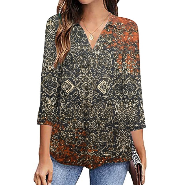 Hauts Mignons pour Femmes Mode Femme Col en V Manches Trois Quarts 3/4 T-Shirt Imprimé Blouse Hauts Chandail en Molleton Blouse Grande Taille en Liquidation