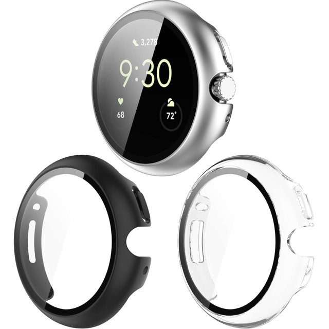KOMI screen protector compatible with Google Pixel Watch 2, featuring a hard PC anti-scratch bumper case with tempered glass in silver, black, and clear finishes. Protects watch edges and screen from bumps, scratches, and dings. Lightweight and slim design with precise cutouts for buttons, controls, and sensors.